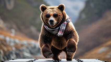 Bear hopping between platforms wearing sunglasses and scarf
