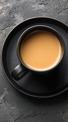 High-angle view of a dark-hued teacup and saucer, filled with light-brown tea, resting on a textured dark gray surface.