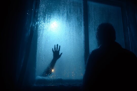 Figure in silhouette standing in a dark room watching a mysterious hand pressing against a rain streaked window, creating a haunting and eerie atmosphere with blue light - Powered by Adobe