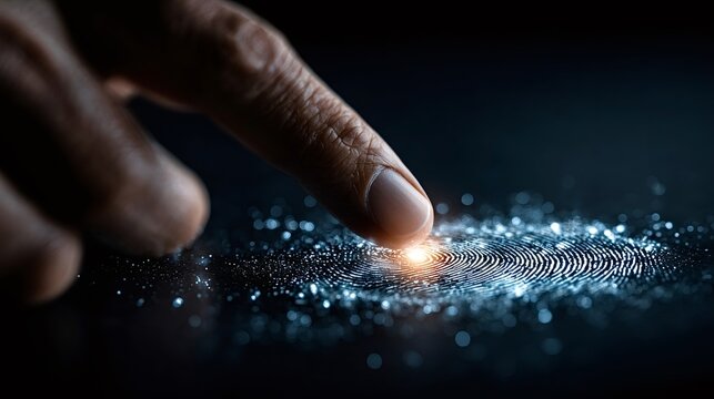 Finger pressing on a glowing digital fingerprint scanner, symbolizing advanced biometric authentication, security technology, and personal identity verification in a futuristic dark environment - Powered by Adobe