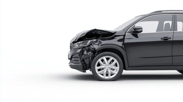 Damaged Black SUV with Crumpled Hood and Dented Front End on White Background - Powered by Adobe