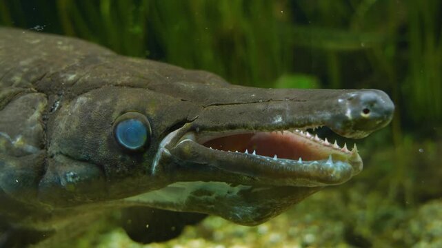 Close up of an alligator gar fish head slowly opening his mouth underwater