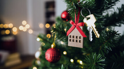 New Home Ornament and Keys Hanging on a Tree Branch with Bokeh Lights in the Background