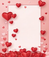 Valentines day background with red hearts and white frame for text isolated