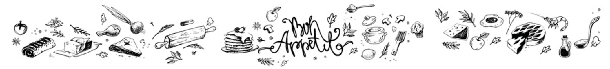 White background skinali design with food doodles and bon appetit lettering in chalk style line art