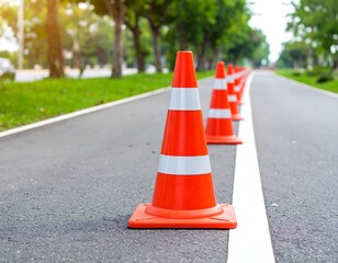 Orange traffic cones line a paved road