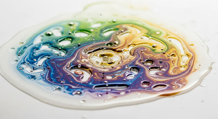 Oily substance with vivid colors creating swirls and bubbles, an abstract interpretation of chaos, science, and fluidity