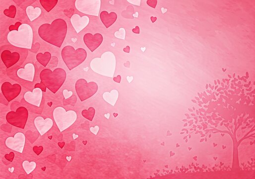 Watercolor hearts and a tree on a pink background for valentines day