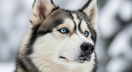 Naklejka premium The intensity of a blue-eyed husky in a winter landscape, expressing strength, elegance, and loyalty
