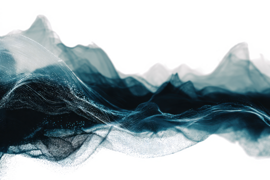 Abstract representation of flowing blue particles forming mountain-like shapes against a white background.