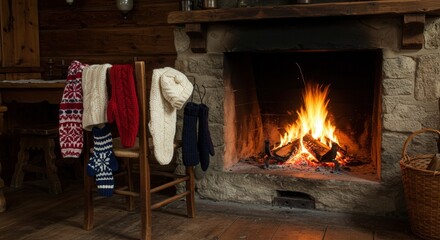 Cozy fireplace with warm knitted clothes hanging on chair  