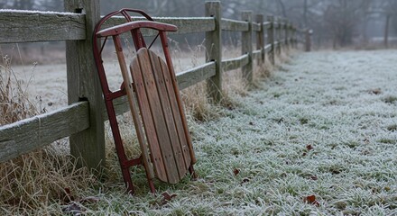 Vintage wooden sled leaning against a wooden fence in winter  