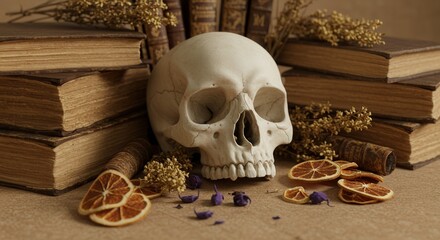 Decorative skull surrounded by dried flowers and old books  