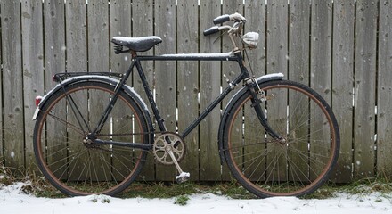 Vintage bicycle resting against wooden fence in snowy environment  