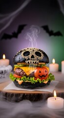 Gourmet burger on wooden board with Halloween decorations and dry ice