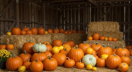Assorted pumpkins and gourds arranged on hay in rustic barn  