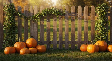 Vibrant orange pumpkins near wooden fence in autumn garden  