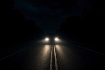 Car Headlights Lighting Up Road at Night