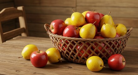 Fresh red and yellow apples in wicker basket on wooden table  