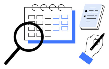 Magnifying glass highlighting a calendar, checklist notes, and hand holding a pen. Ideal for time management, scheduling, organization, productivity, planning, agenda setup task prioritization