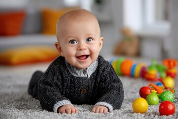 A delightful portrait of a happy baby lying on a soft carpet surrounded by colorful toys, wearing a cozy knitted sweater, showing pure joy and innocence.