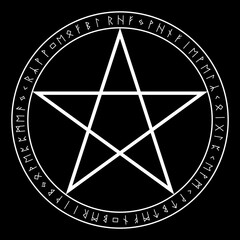 Magic circle with runes and pentagram on black background
