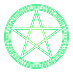 Green glowing magic circle with runes and pentagram on transparent background
