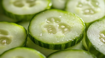 Close-up view of sliced cucumbers.