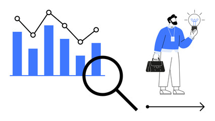 Bar graph with connected data points, magnifying glass emphasizing analysis, businessman holding briefcase and bulb. Ideal for data analysis, strategy, innovation, business growth, problem-solving