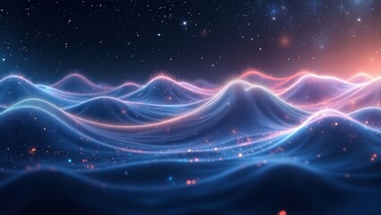 Abstract waves with glowing edges and starry sky in the background digital art illustration