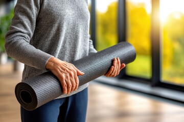 Woman in sportswear holding a yoga mat by a window with sunlight streaming in, ready for her exercise routine at home, promoting wellness and healthy lifestyle.
