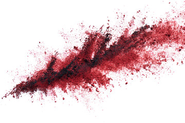 Explosion of red and black powder against a white background, creating a dynamic and abstract effect.