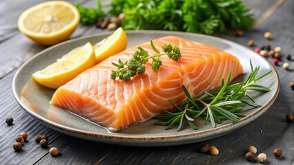 Fresh salmon fillet on a plate with lemon and herbs, cuisine, seafoodplate, cuisine,seafoodplate,foodie,seafood,fishplate