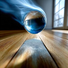 Fototapeta premium a glowing blue ball floating on a wooden floor in an indoor setting