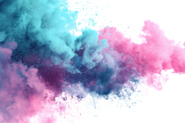 Abstract explosion of pink and teal colored powder or smoke against a white background.