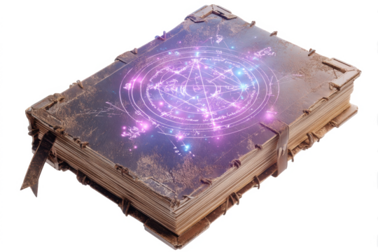 An ancient, weathered spellbook with a glowing purple and blue magical sigil on its cover, isolated on a white background.