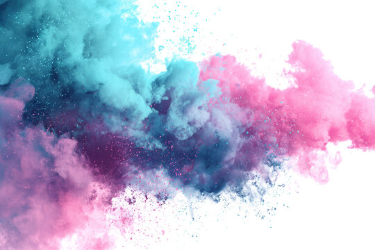 Abstract explosion of pink and teal colored powder or smoke against a white background.
