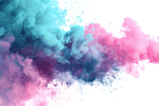 Abstract explosion of pink and teal colored powder or smoke against a white background. - Powered by Adobe