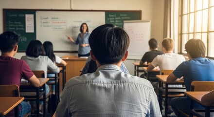 A female teacher lectures a classroom of attentive students.