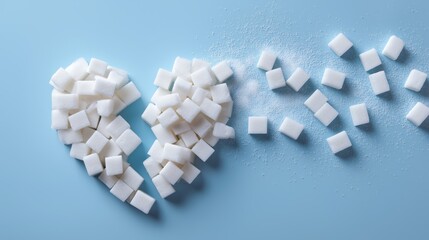 sugar cubes forming broken heart on blue background for Diabetes Awareness Month content, health campaign graphics, and educational materials, conceptual layout, flat lay format, pastel tone