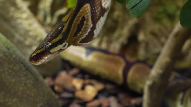 Close up of a python snake slowly crawling around a tree on a cloudy spring day