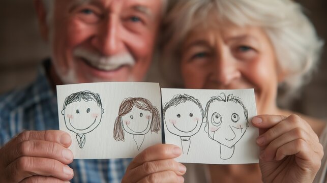 elderly couple holding handmade family drawings for senior living brochures, memory care ads, and family-themed articles, close-up shot, warm neutral tones, soft indoor light, centered format