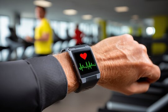 Man checking his heart rate on a smartwatch while exercising on the treadmill, monitoring his health and fitness, showing a red heart and green pulse line.