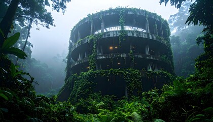 Obraz premium Overgrown Circular Building in Lush Green Jungle with Fog