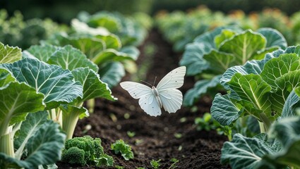 Cabbage white butterfly fluttering across vegetable garden rows
