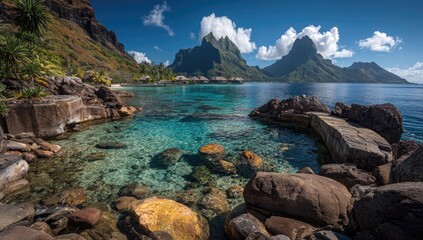 A vibrant tropical lagoon with crystal-clear water laps gently against dramatic volcanic cliffs, showcasing a tranquil paradise setting.