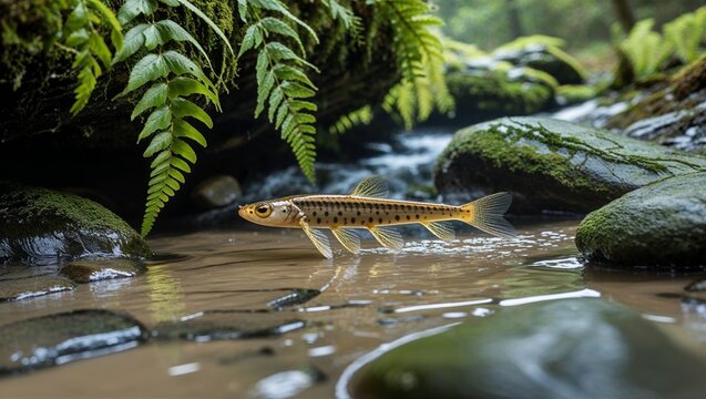 Cephalaspis gliding through silty Devonian stream under overhanging ferns and moss stones