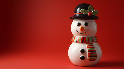 Porcelain snowman with top hat and scarf on a red background in a Christmas scene
