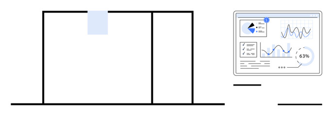 Transparent office window alongside a digital screen displaying graphs, statistics, and performance metrics. Ideal for productivity, business growth, data analytics, efficiency, work culture