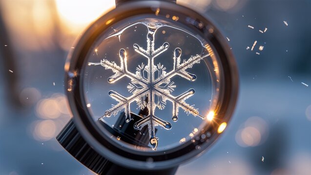 Close-up of snowflake melting under microscope lens in warm environment - Powered by Adobe